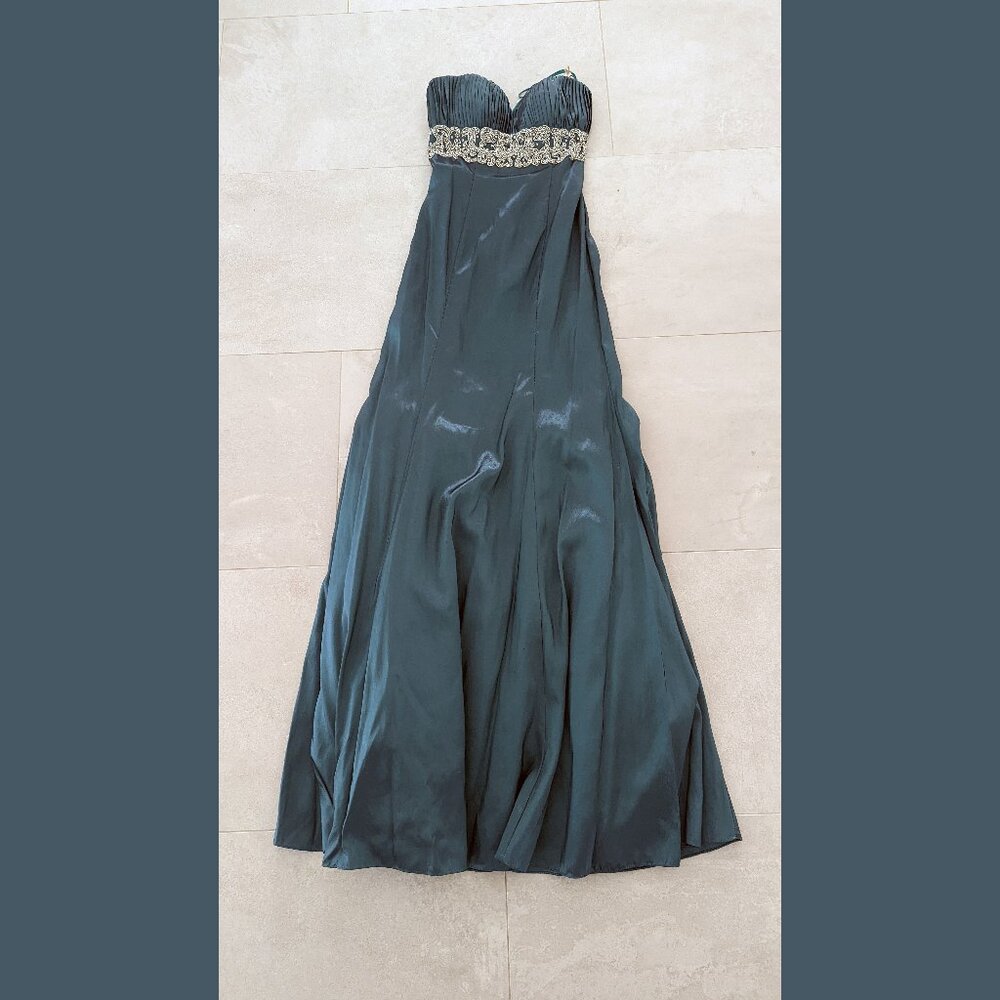 Jovani Embroidered Rhinestone Embellished Satin Strapless Gown, Teal Size 0